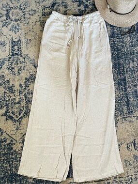 Beige wide leg drawstring linen blend pants EUC